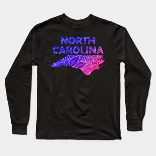 Colorful mandala art map of North Carolina with text in blue and violet Long Sleeve T-Shirt